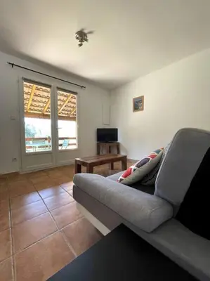 a living room with a couch and a television at Résidence Kallisté in Sollacaro