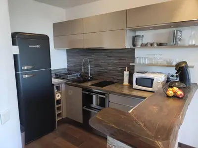 a kitchen with a black refrigerator and a counter top at Appartement sur le port Résidence Marina Palmu in Porto-Vecchio
