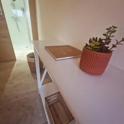 a table with a potted plant on top of it at Casa di Mela in Mela