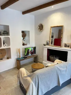 a living room with a bed and a fireplace at Maison Casa Amarina in Olmeto