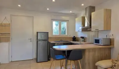 a kitchen with a refrigerator and a counter with chairs at Chez Baptiste et Laura in Figari
