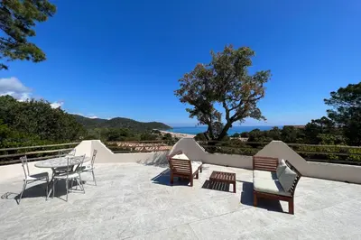 a patio with chairs and a table and a tree at Casa Vecchia Di Olmuccio in Sainte-Lucie de Porto-Vecchio