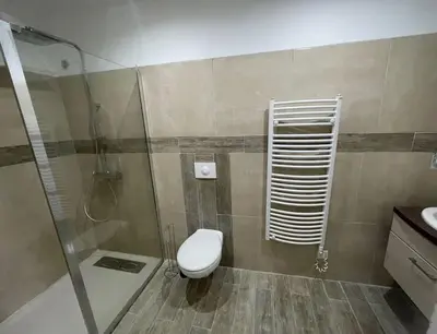 a bathroom with a toilet and a glass shower at U Secondu Appart neuf spacieux au calme in Aléria