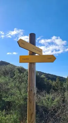 a wooden sign with arrows on a wooden pole at mini villa 72, résidence avec piscine. in Serra-di-Ferro