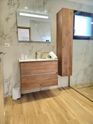a bathroom with a sink and a mirror at Résidence Villas Chléa in Lucciana