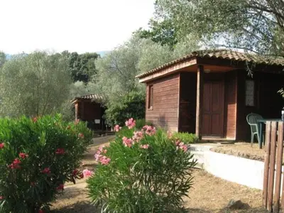 a small wooden cabin with a porch and some flowers at Gites Chalets de Grosseto-Prugna in Grosseto-Prugna