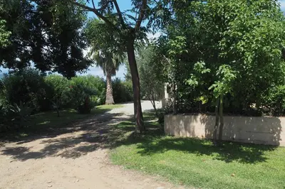 a dirt road with trees in a park at Villa tout confort avec piscine privée in Ventiseri