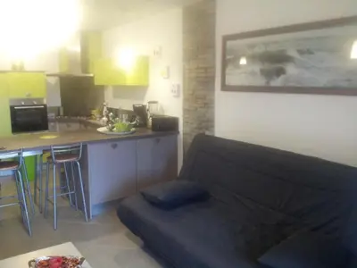 a living room with a couch and a kitchen at Location F2 classée 3 étoiles pour des vacances de rêve in San-Nicolao