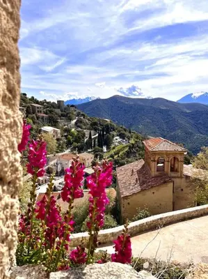 a view of a town with pink flowers in the foreground at Appartement 2 chambres à Lama avec Piscine in Lama