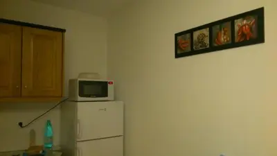 a microwave sitting on top of a refrigerator in a kitchen at VILLA T3 bord de mer - vue mer à 500 m de la plage- piscine chauffée A CASETTA DI A SPIAGGIA in Cervione