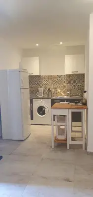 a kitchen with a refrigerator and a table in it at Vue de rêve in Calcatoggio