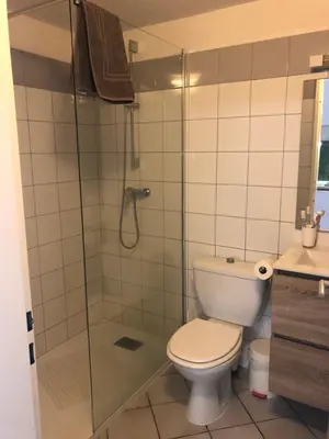 a bathroom with a toilet and a glass shower at Altura in Zonza