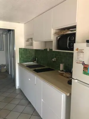 a kitchen with white cabinets and a white refrigerator at Altura in Zonza