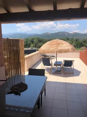 a patio with a table and chairs and a straw umbrella at Altura in Zonza